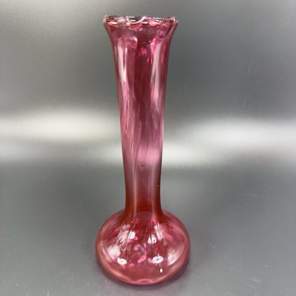 Antique Cranberry Art Glass Vase Wavy Ruffled Top Bud Vase Hand Blown Textured - Picture 11 of 11